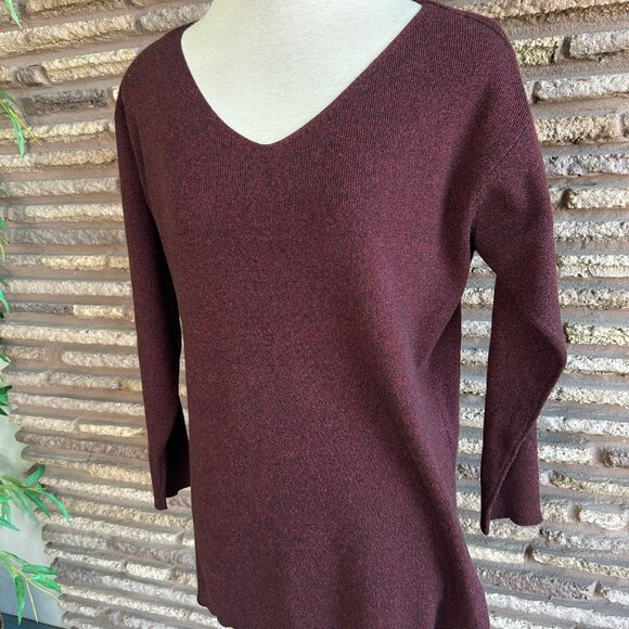 TSE Cashmere Burgundy Black Woven Knit V Neck Tunic Sweater - Picture 5 of 7